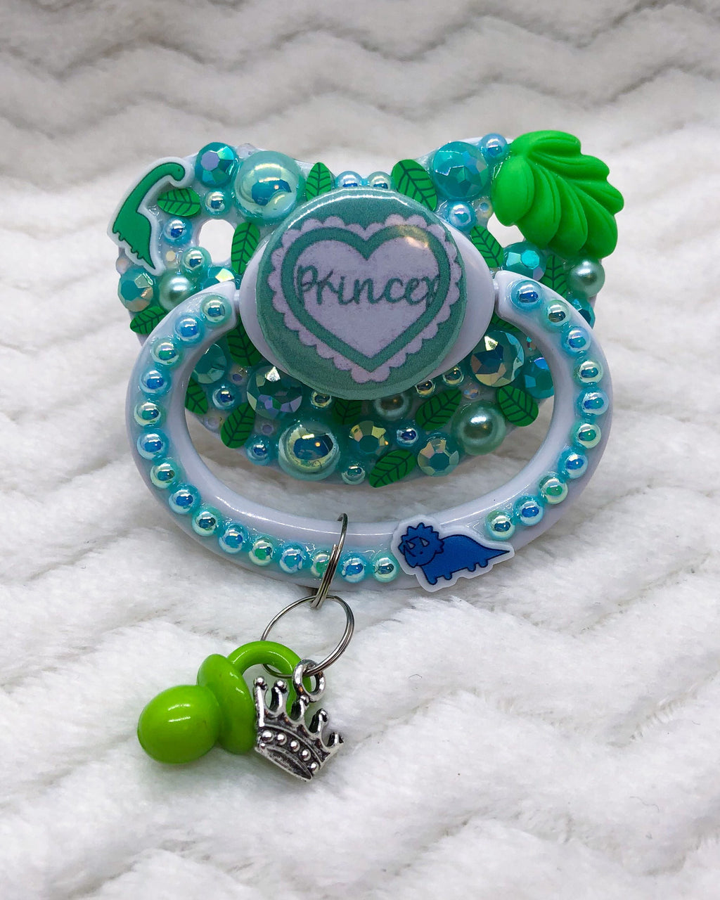 Princex Ruffle Heart Green/White PM Paci (Custom Options Blank to Full Deco)