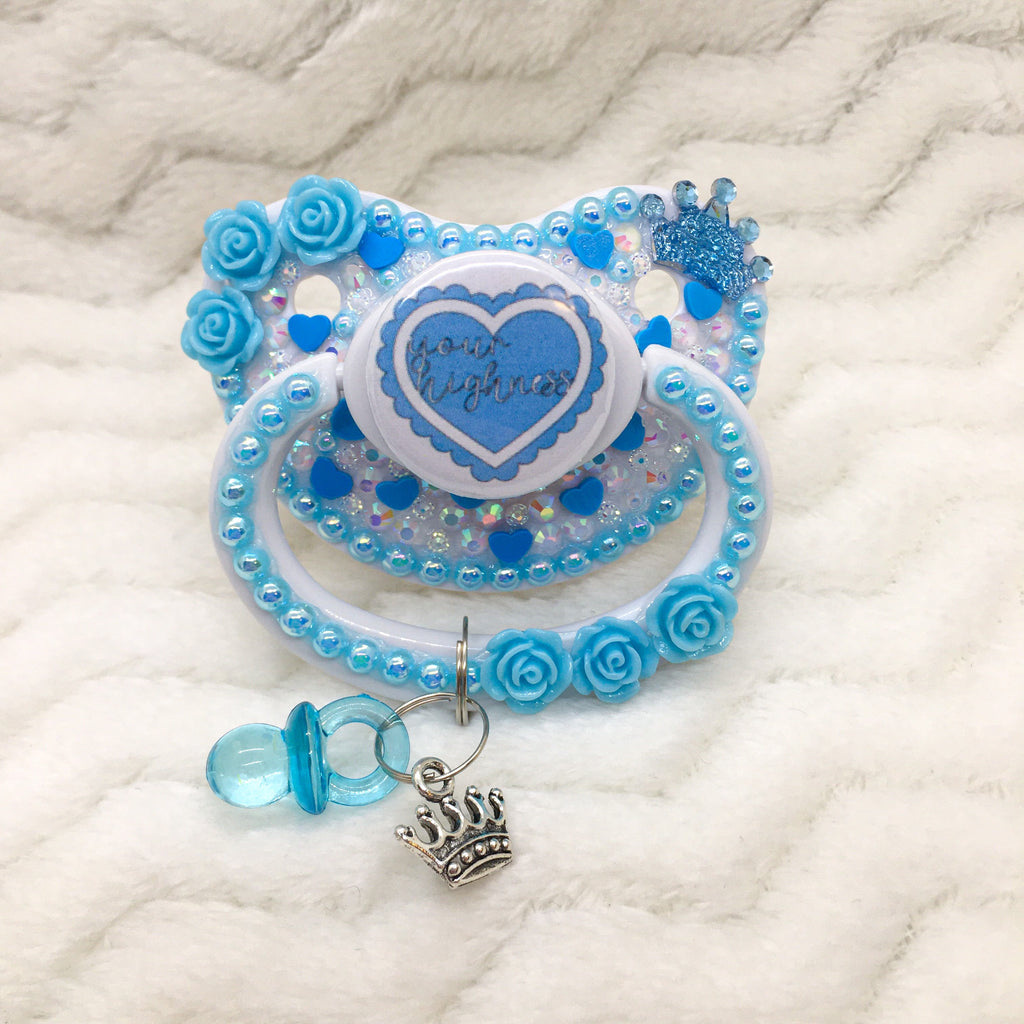 Your Highness Ruffle Heart White/Blue PM Paci (Custom Options Blank to Full Deco)