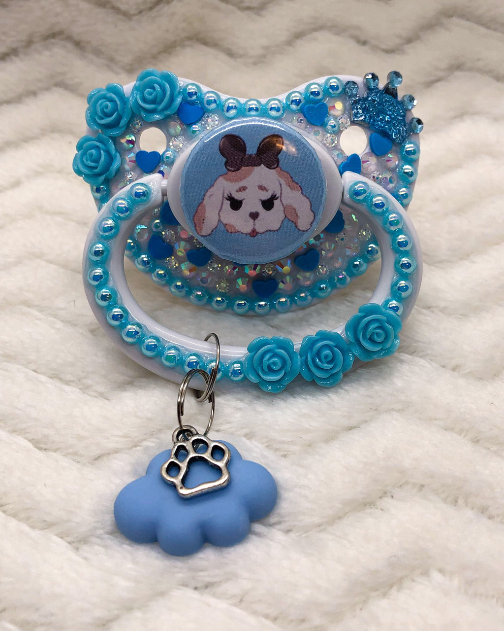 Fluffy Bow Puppy Blue PM Paci (Custom Options Blank to Full Deco)