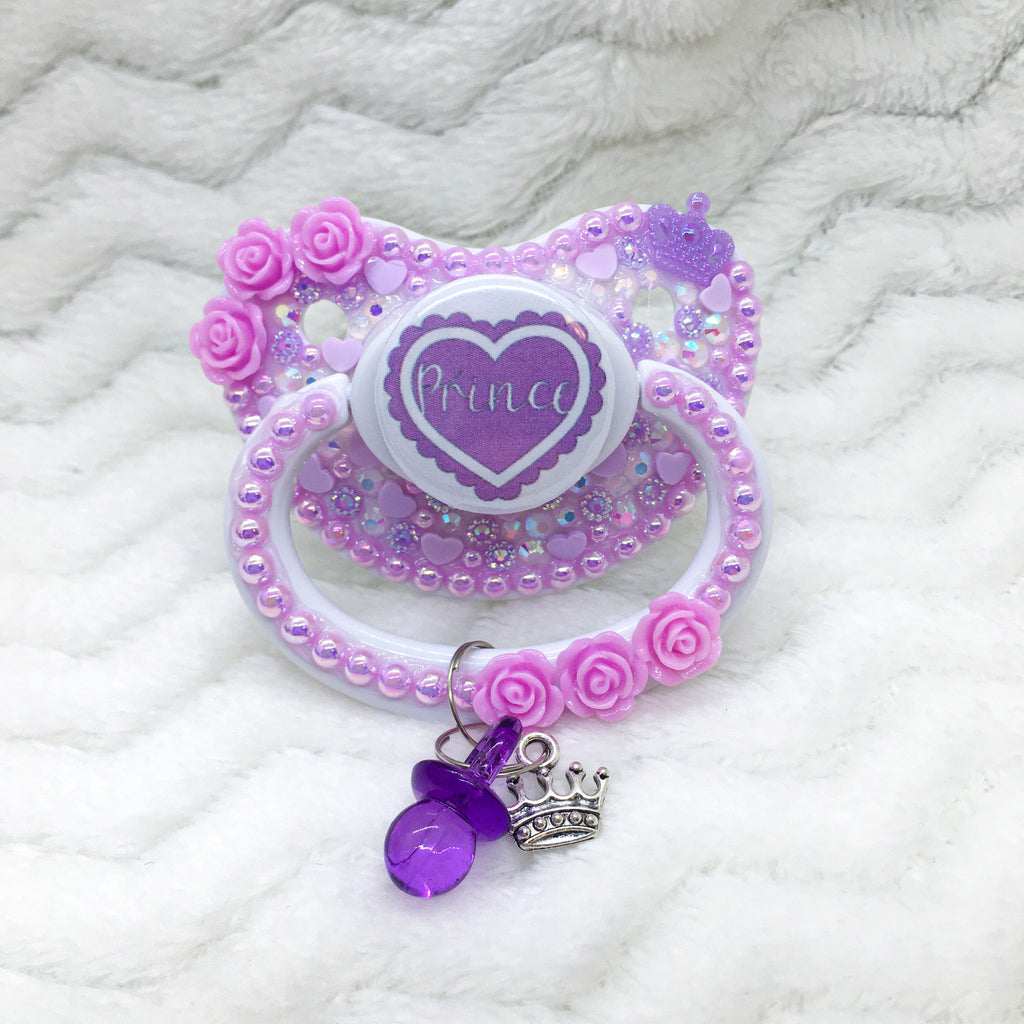 Prince Ruffle Heart White/Purple PM Paci (Custom Options Blank to Full Deco)