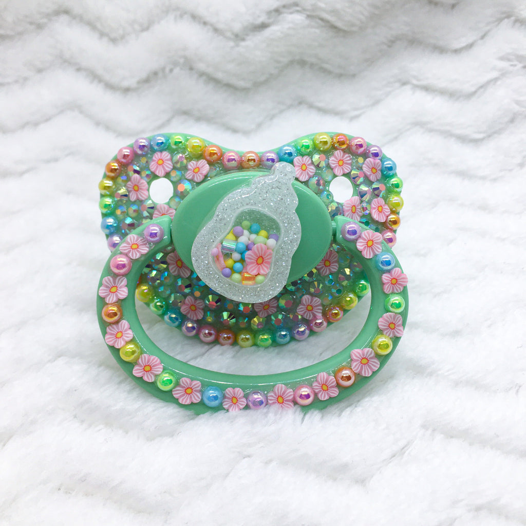 Pastel Rainbow Blossom Bottle PM Shaker Paci with Customizable Charm