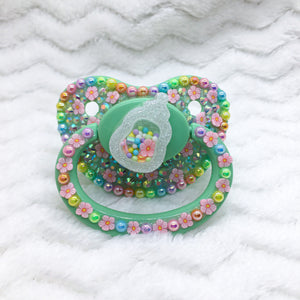 Pastel Rainbow Blossom Bottle PM Shaker Paci with Customizable Charm