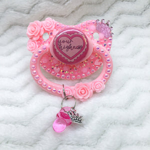 Your Highness Ruffle Heart Pink/Pink PM Paci (Custom Options Blank to Full Deco)